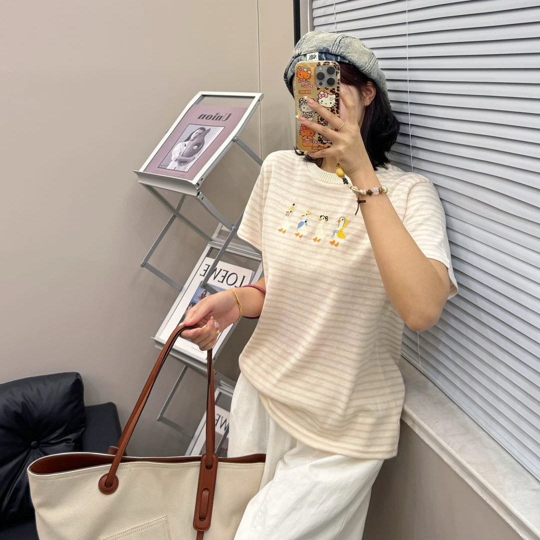 【四只小鸭子】韩系小黄鸭减龄条纹刺绣休闲圆领百搭时尚短袖T恤ol