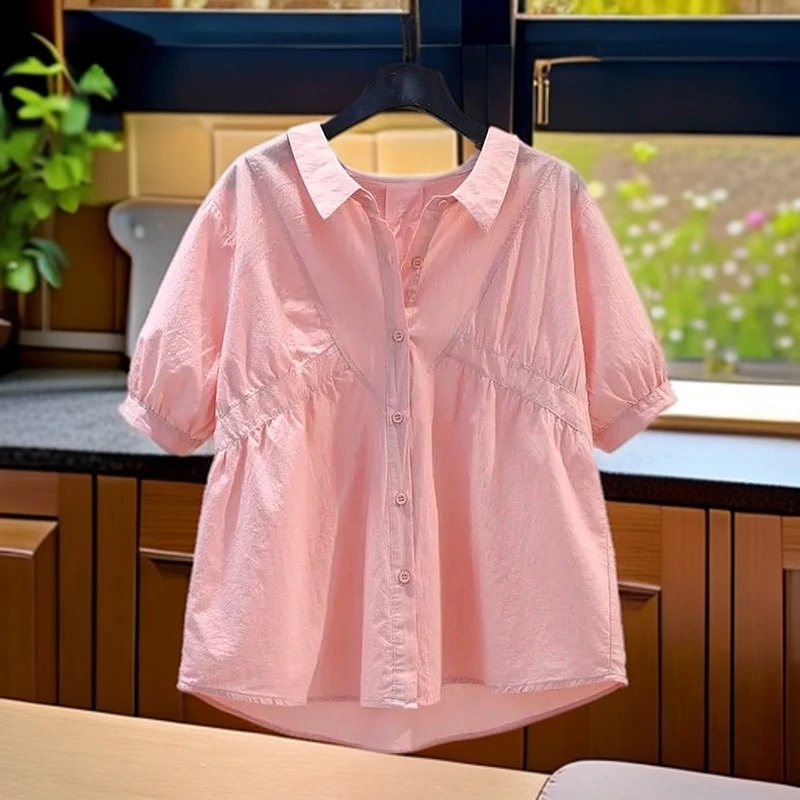 衬衫上衣短袖泡泡袖大码显瘦洋气时尚休闲宽松气质衬衣百搭夏季