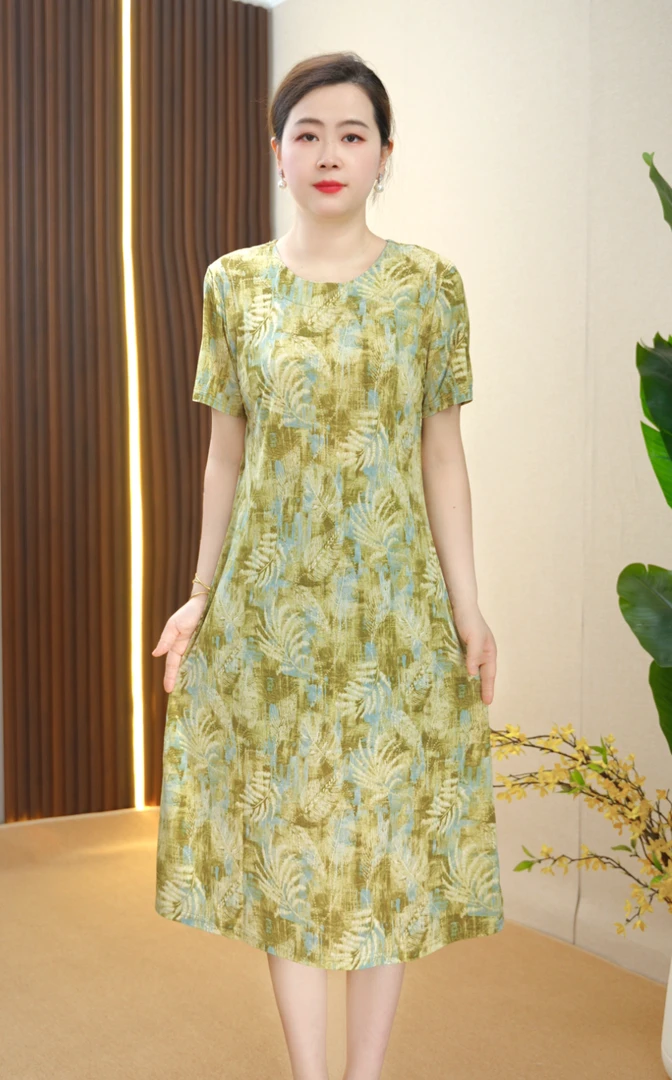 2025夏季新款显瘦中长款女士圆领宽松气质黄色芭蕉叶圆领