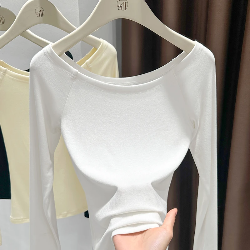 白色百搭长袖打底衫女2025新款设计感一字领上衣柔软舒适T恤小衫