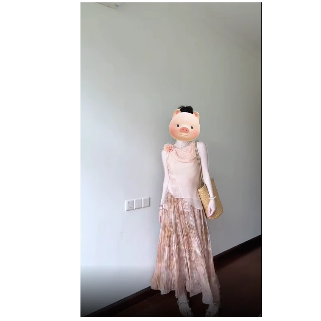 【一殿春花】夏季新款法式设计感立体花朵无袖背心配百褶半身裙套装