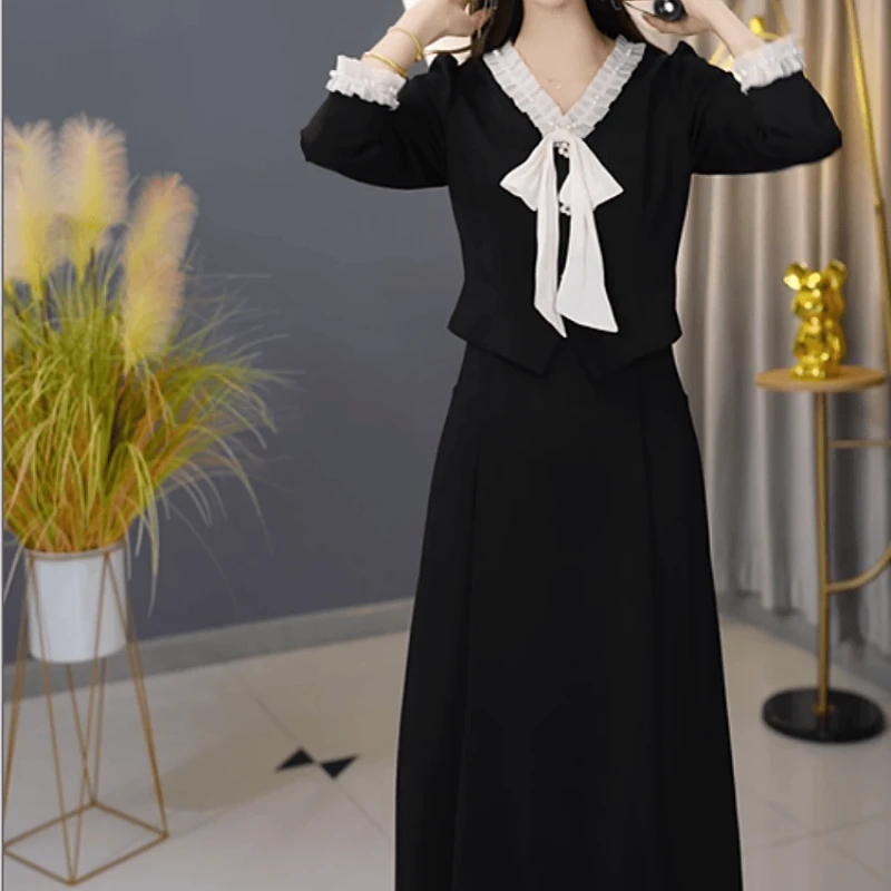 A529【连衣裙】2025早秋新款优雅时尚气质蝴蝶结领收腰显瘦连衣裙