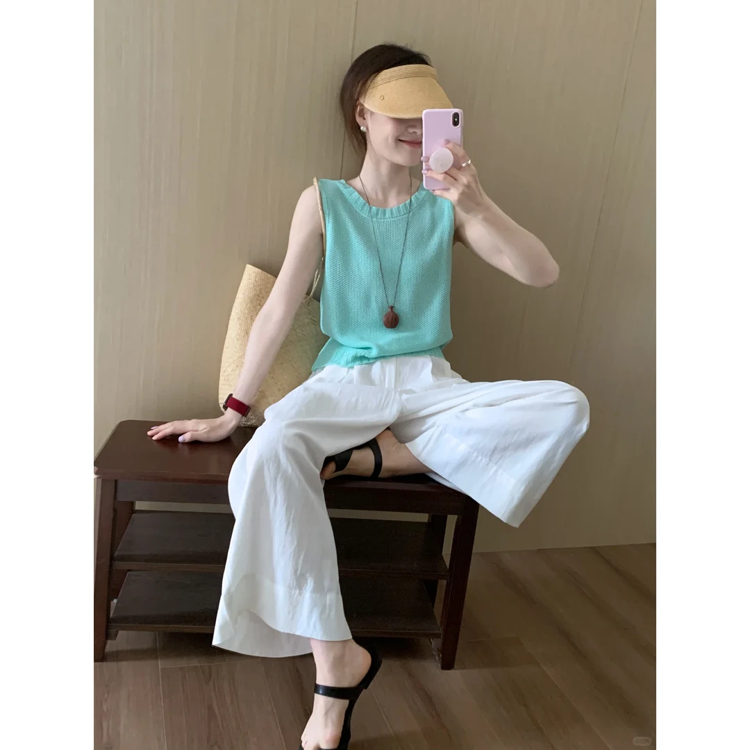 2025夏季流行一整套ootd针织上衣气质薄款透气白色阔腿裤女两件套