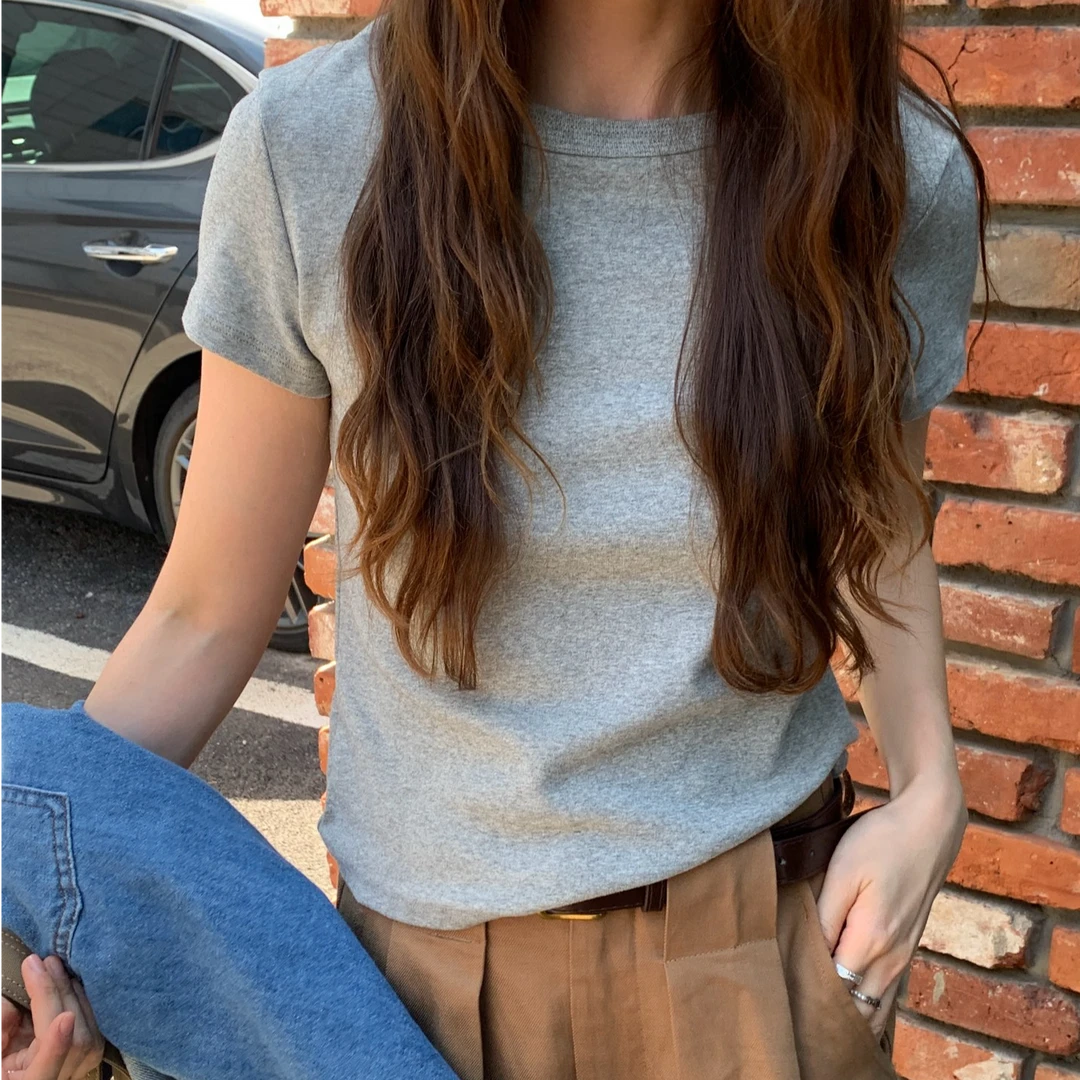 秋季新款徕卡手感棉弹力纯色短袖T恤女正肩软短款打底高质感A3366