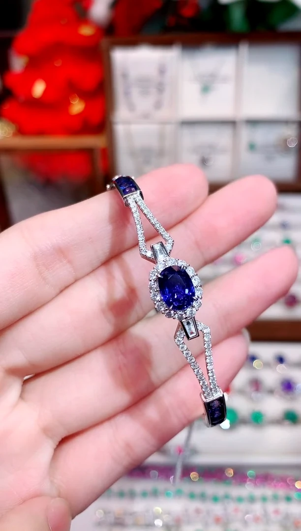 蓝宝石手镯18K金镶嵌1.6ct/天然宝石/七天无理由