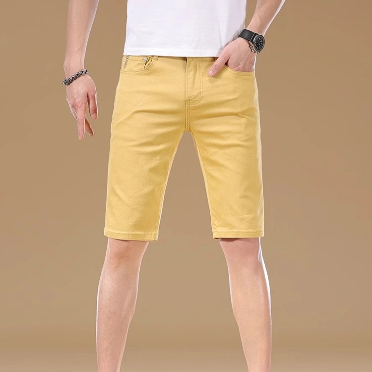 佩库普伦夏季薄款黄色牛仔短裤男修身弹力五分裤2025新款潮流中裤
