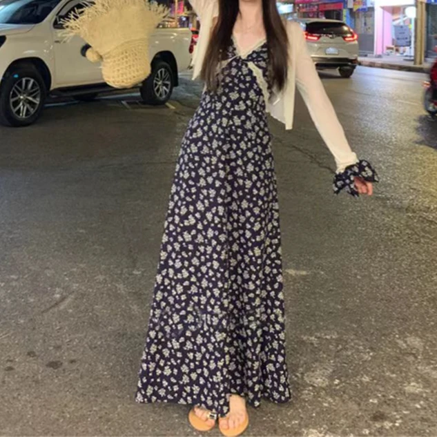 Q3611浪漫出逃！藏蓝碎花吊带长裙套装，蕾丝点缀邂逅法式风情A18