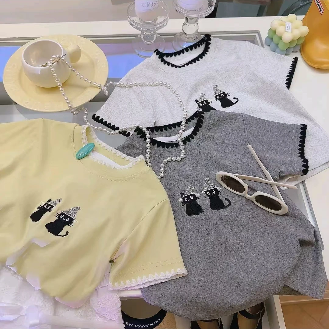 【钩花小猫】女童亲子夏季新款2025可爱风刺绣萌趣小猫图案短袖