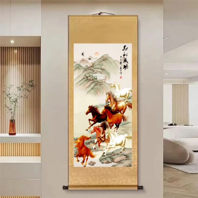 【马到成功青绿山水】160*60新中式竖幅实木卷轴挂画客厅书房茶室画