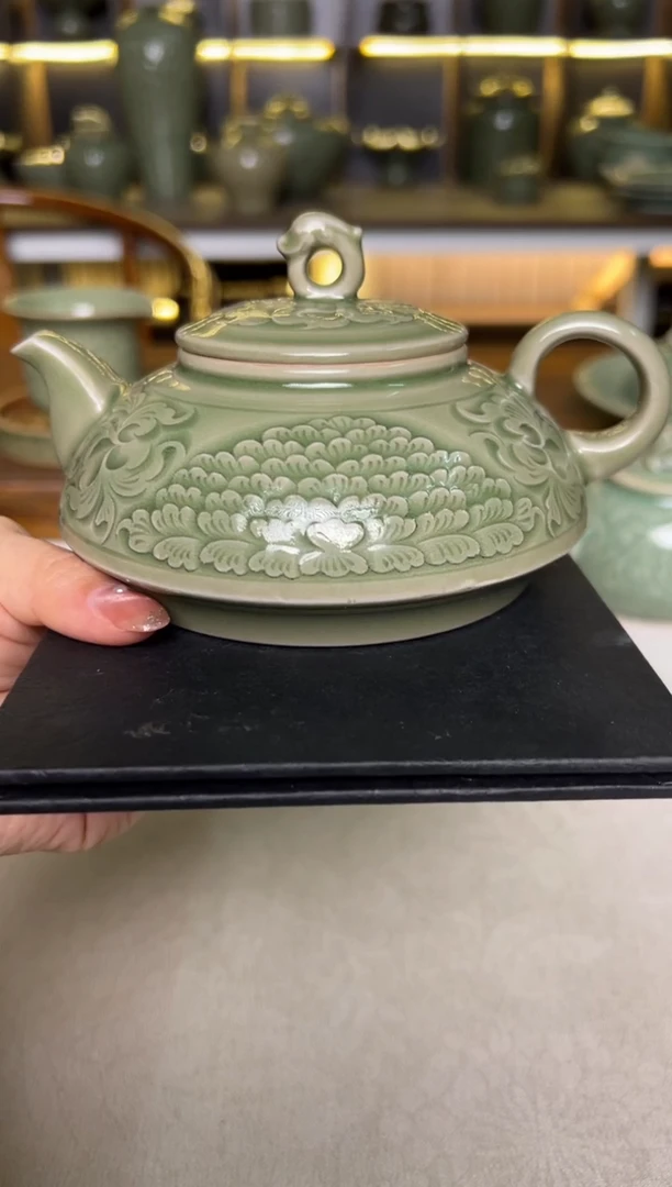 陶瓷耀州窑纯手工满釉花开如意赤龙扁壶特价