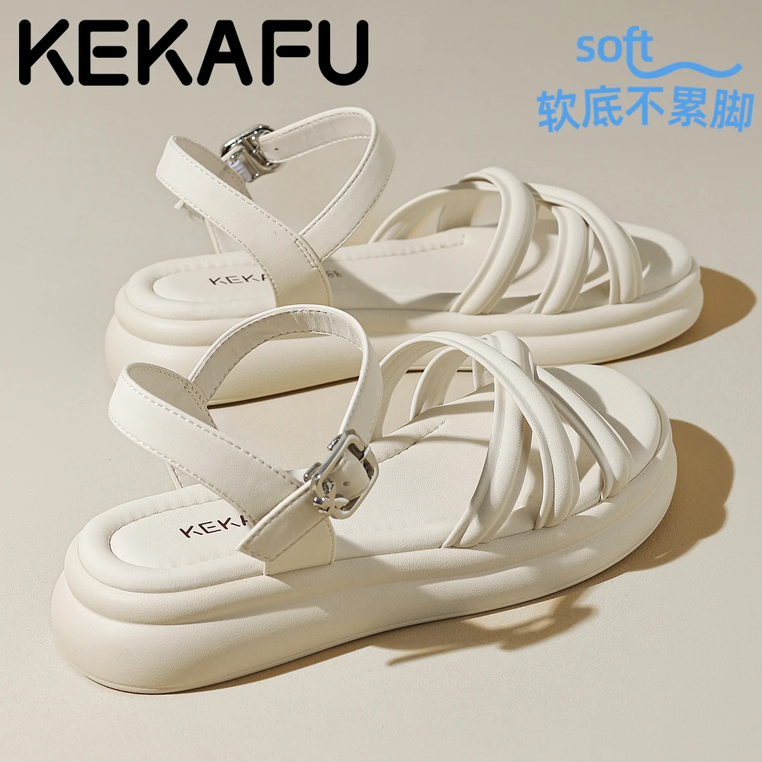 珂卡芙时尚仙女风配裙子厚底凉鞋2025夏季新款一字带罗马沙滩鞋女