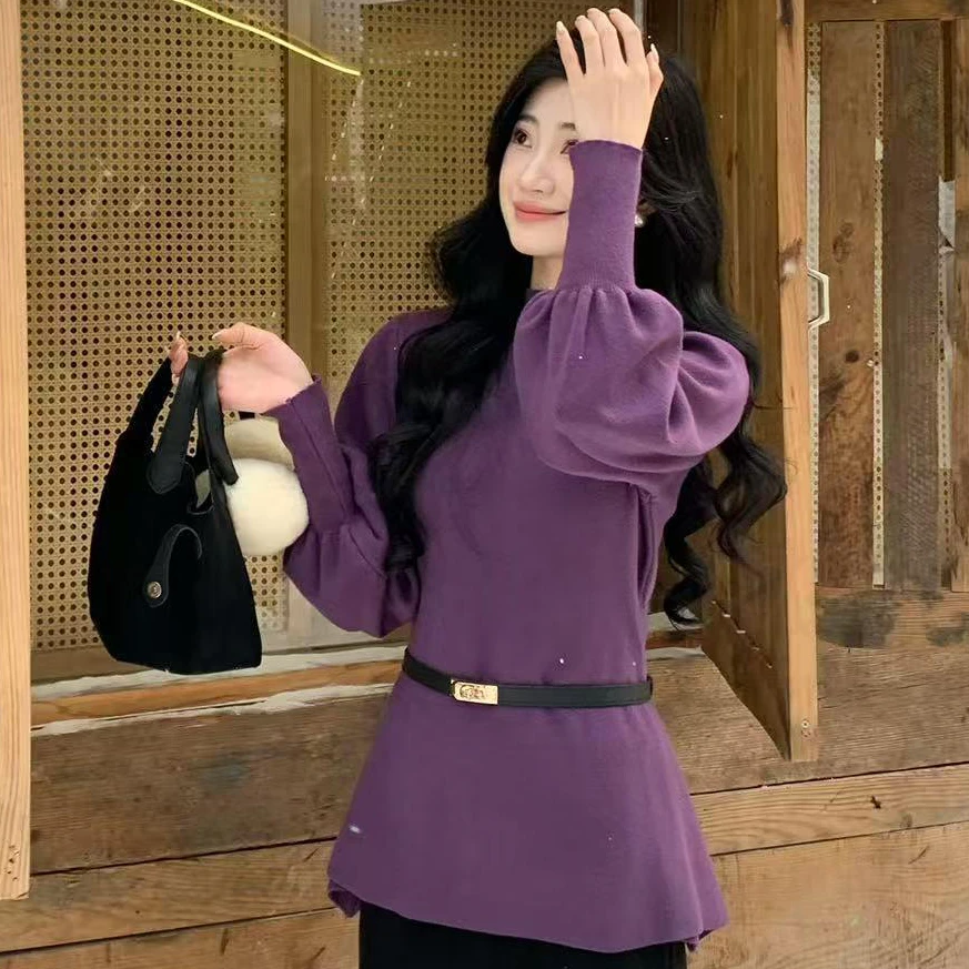 秋冬洋气新款半高领灯笼袖设计针织显瘦收腰上衣女加厚配皮带毛衣