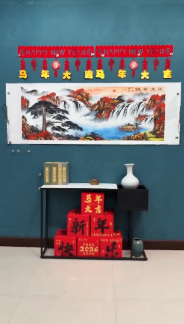 国画田老师手绘《鸿运当头迎客松山水》70*200厘米卷轴软裱