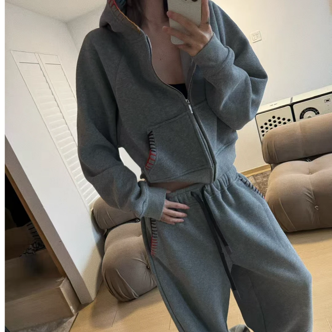 XYSF极简 秋冬设计撞线连帽加绒慵懒休闲阔腿裤套装