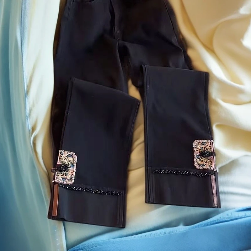 胖小旭重工松紧腰钉珠新中式国风烟管裤春季高腰显瘦牛仔裤女157