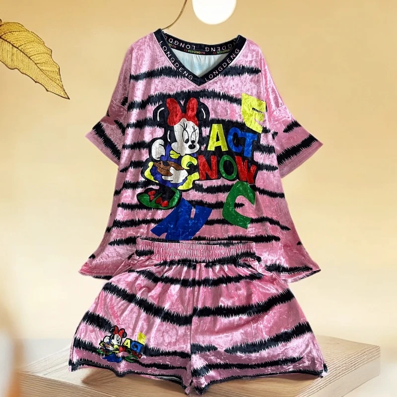 【套装】轻奢大版潮流钻石绒网红洋气炸街女装虎纹V领短袖83