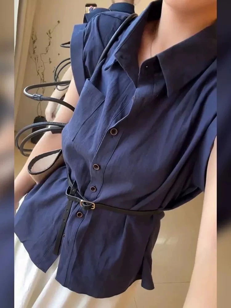 韩系穿搭蓝色polo领无袖衬衫女夏季2025新款收腰显瘦上衣+裤裙