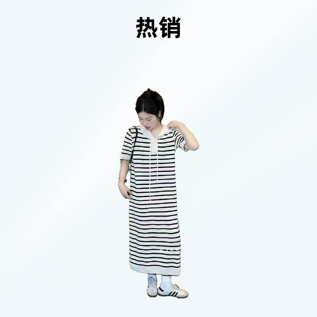 9285春新款韩版百搭慵懒显瘦连帽提花镂空直筒条纹连衣裙