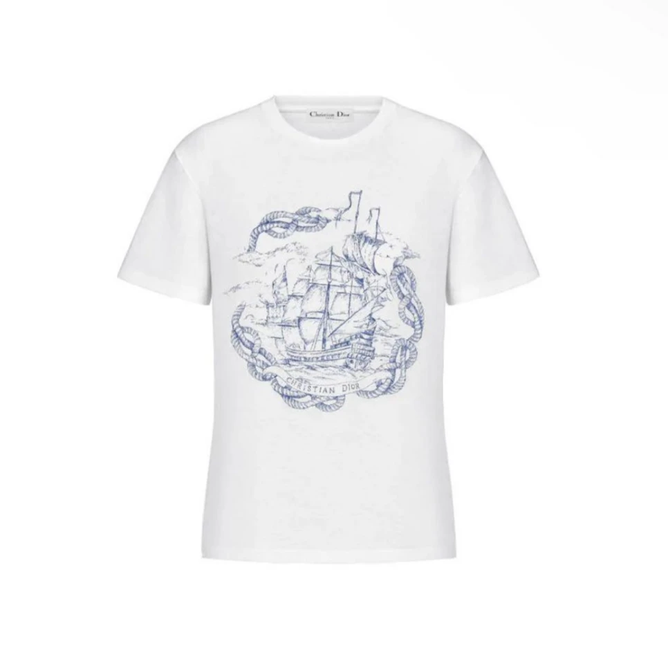 全新未使用 DIOR/迪奥 FW22 帆船字母蜘蛛印花圆领短袖 白色/S