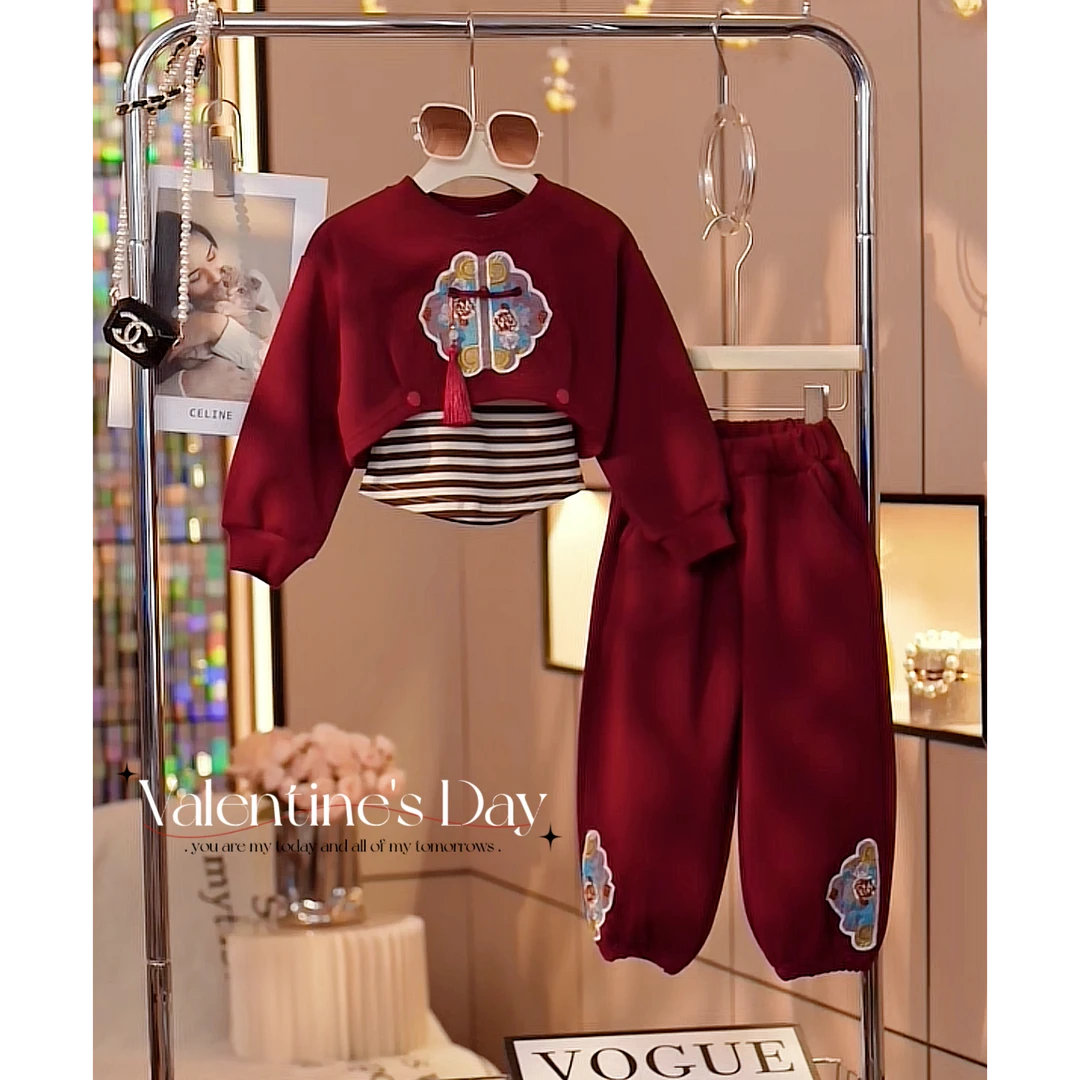 现货-女童2025新款春款中大童红色新中式套装