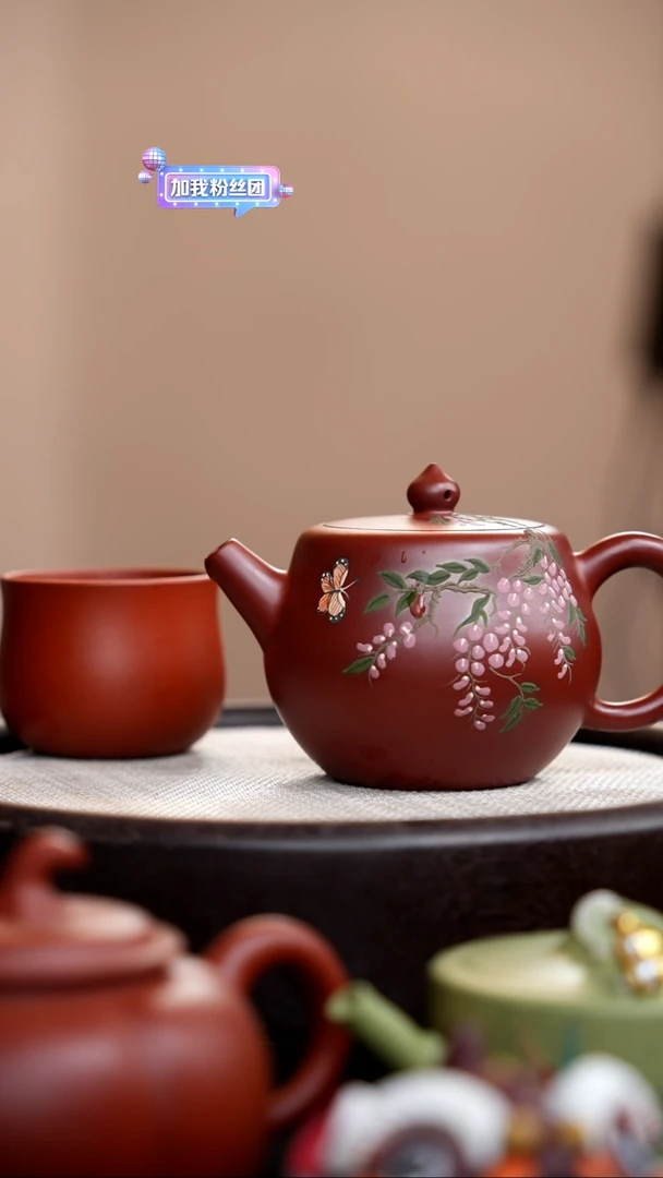 茶壶紫砂朱泥宝塔葫芦壶泥绘紫藤花+杯007