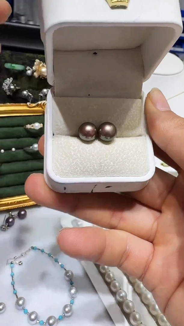 银S925镶嵌耳饰淡水珍珠9-10异色耳钉