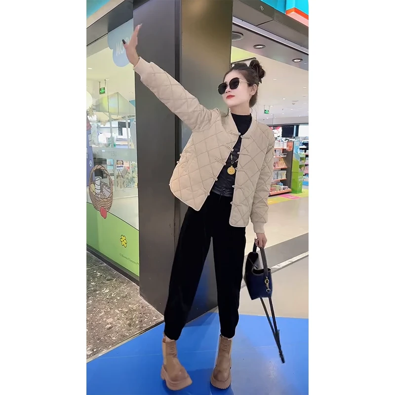 秋冬棉服时尚显瘦国风盘扣压格夹棉外套