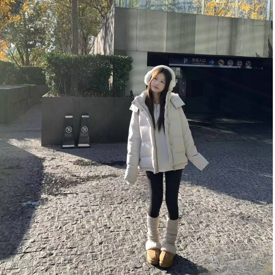 羽绒服韩版肌理白绒羽绒服短款时尚百搭女连帽保暖