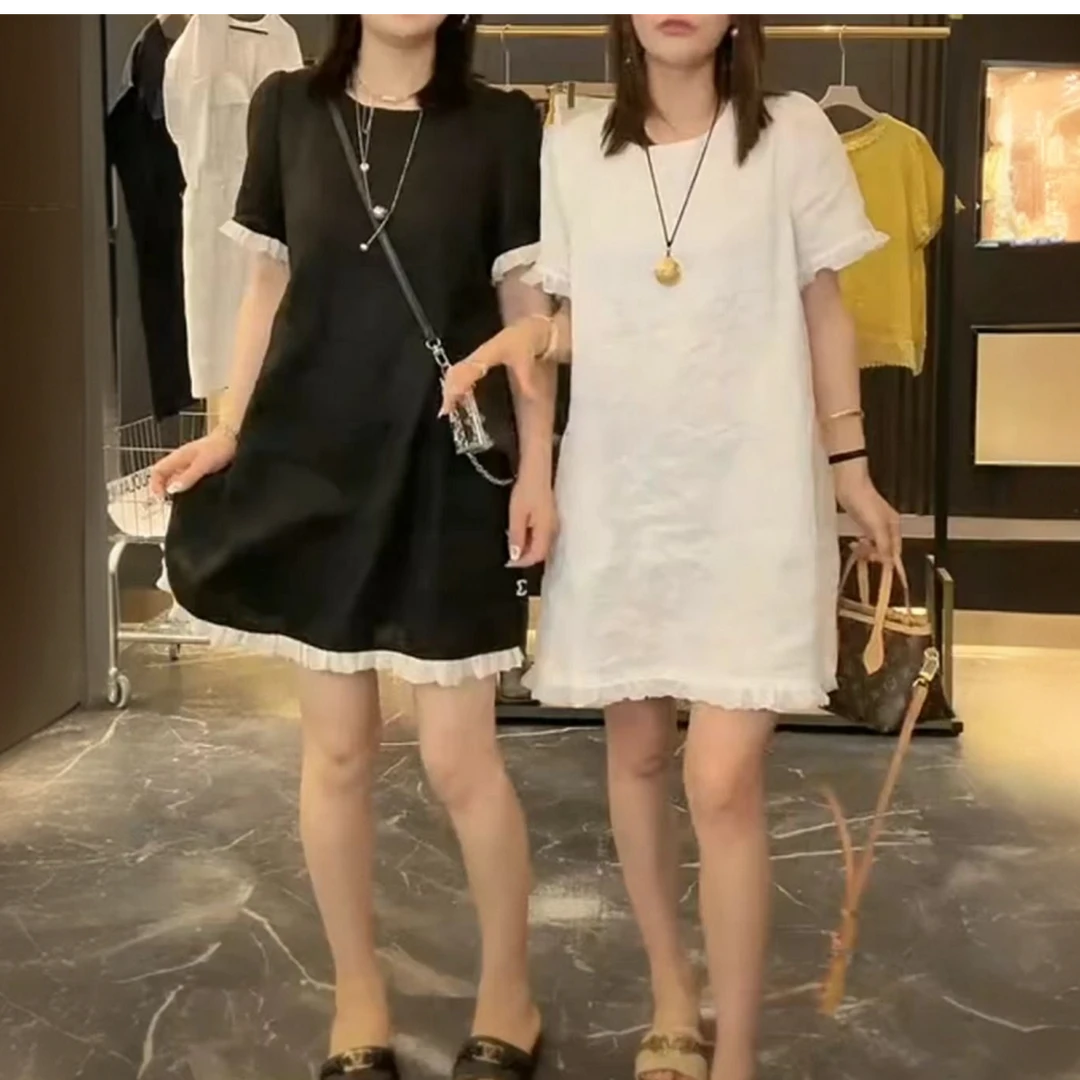 夏季新款时尚设计感透气棉麻连衣裙短袖圆领宽松显瘦洋气减龄女裙
