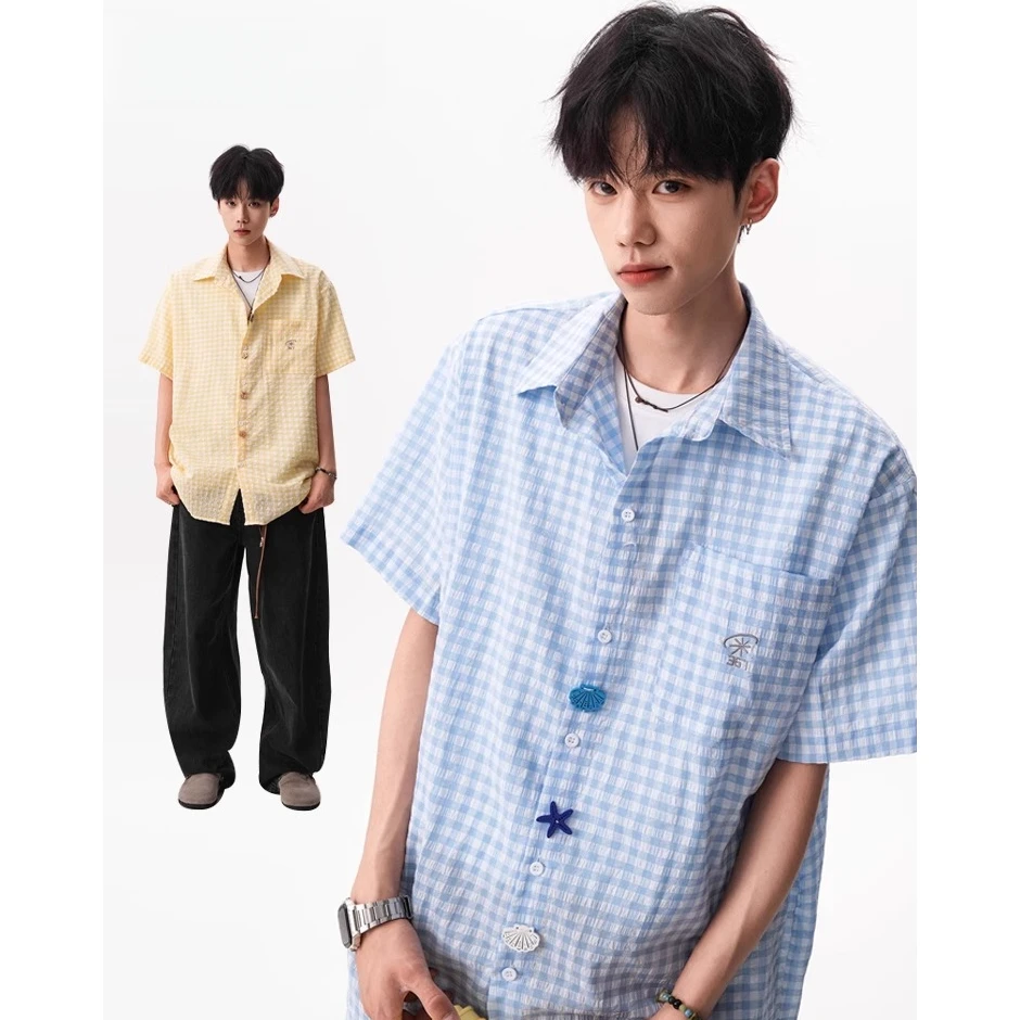 美式街头趣味纽扣短袖衬衫男女夏季多巴胺格子衬衣休闲情侣外套潮