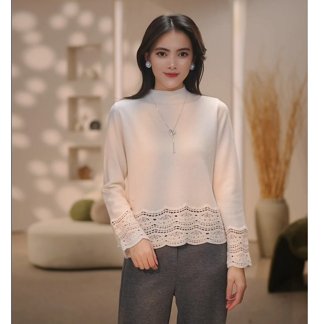 【吉岚严选】立体刺绣波浪镂空羊绒羊毛半高领针织气质套头上衣女