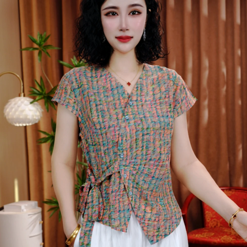 夏季新款休闲洋气短袖气质百搭V领显瘦开衫扣上衣小衫