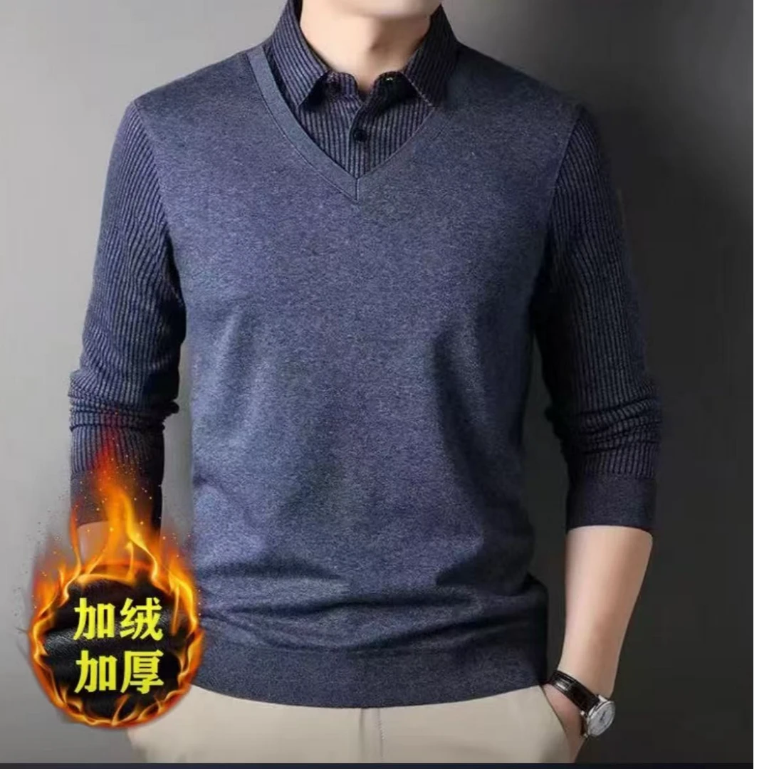 条纹假两件秋冬休闲翻领