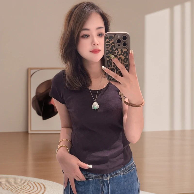 3833款夏季背后镂空修身显瘦纯色螺纹圆领修身型透气短款上衣