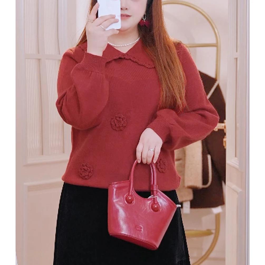 【48支安哥拉绒】MsShe大码女装春季立体花朵红色毛衣女J~F2412002