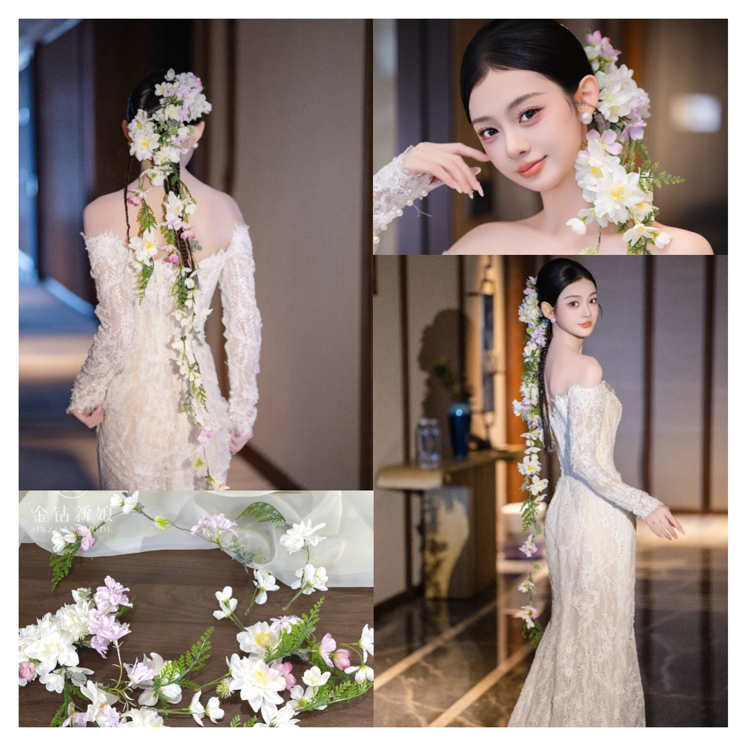 新娘头饰公主百搭边夹古风简单流苏韩式气质结婚森系皇冠白色