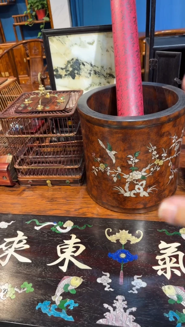 木花梨黄笔筒满嵌木艺链接