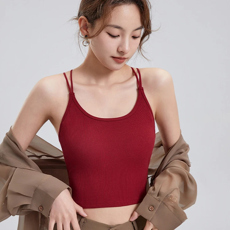 D326夏季新款性感辣妹交叉露背美背吊带带胸垫一体式内搭外穿打底