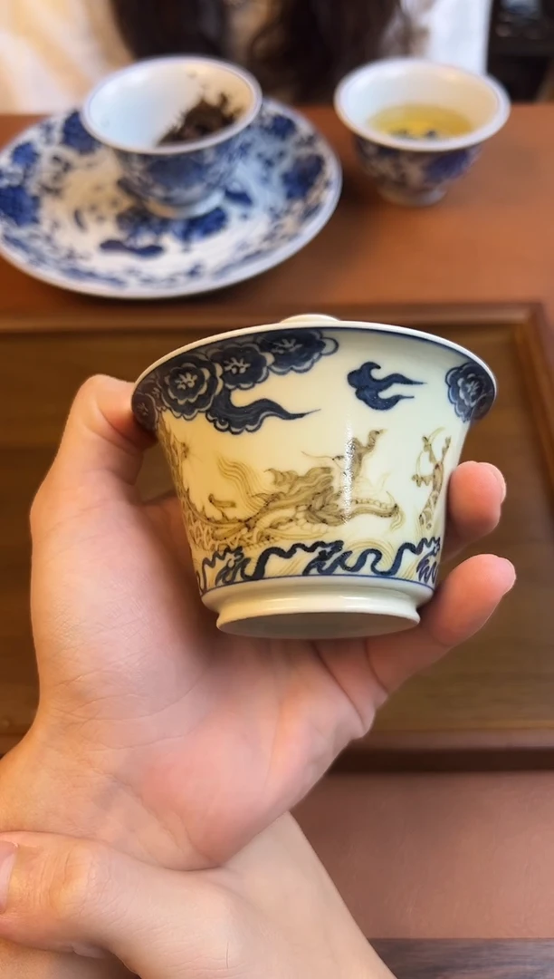 问青坊纯手工手绘青花釉金龙纹柴窑二才盖碗