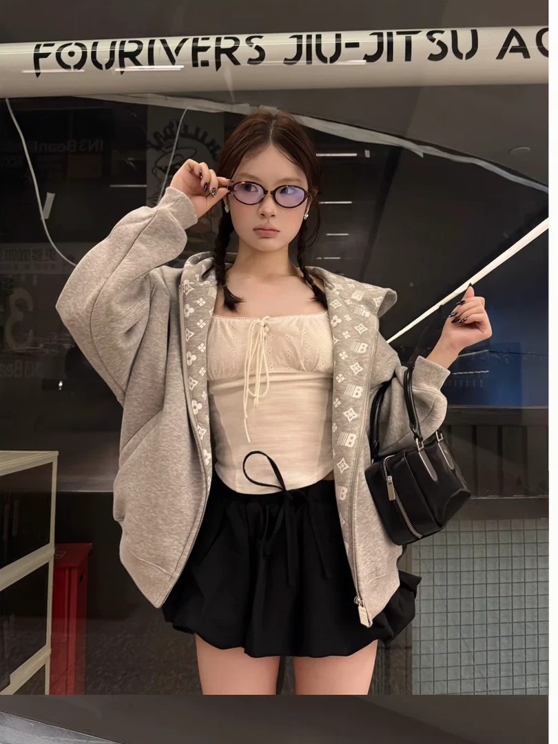 大码微胖MM休闲学院慵懒风春秋新款男女松弛感卫衣连帽开衫外套