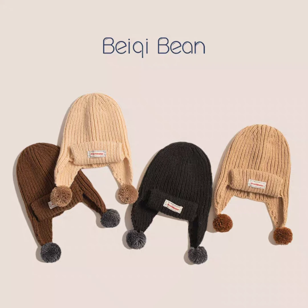 宝宝帽子秋冬可爱毛球护耳毛线帽男女童保暖防寒加厚儿童毛线帽潮