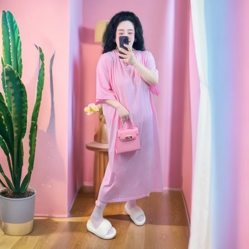2025大码90-300斤欧韩宽松多巴胺糖果芭比长款凉感短袖T恤裙夏季
