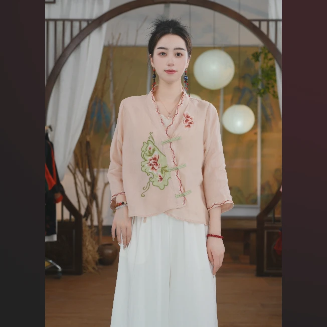 气质中国风V领透气刺绣不起球夏季拼接小香风衬衫茶服S25505C