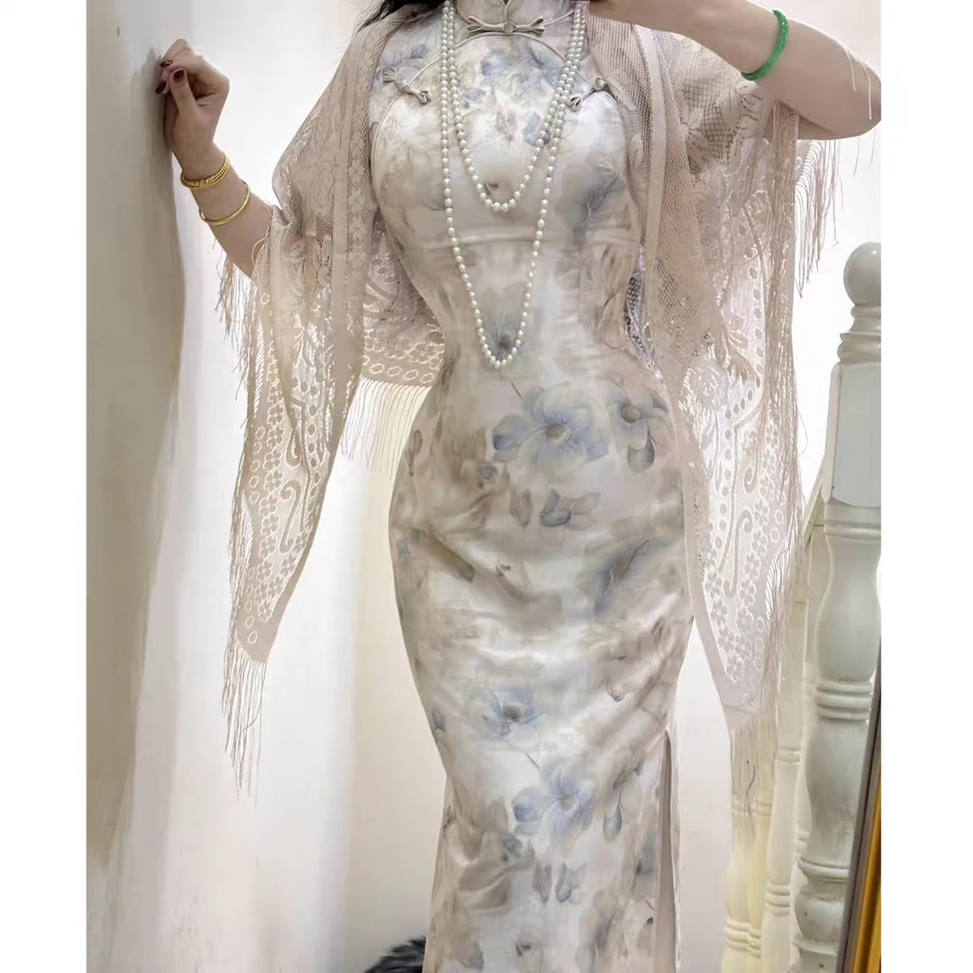 【一然】大码复古新中式清冷感蓝茶修身旗袍裙清新淡雅连衣裙10875