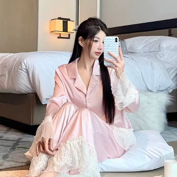 VINEEMAN【啵啵粉】法式甜美公主风柳叶丝套装秋季睡衣家居服
