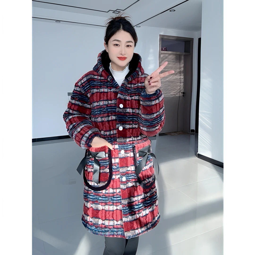 新款连帽兔毛绒长款棉衣外套女秋冬季加厚特厚保暖豹纹棉服棉袄