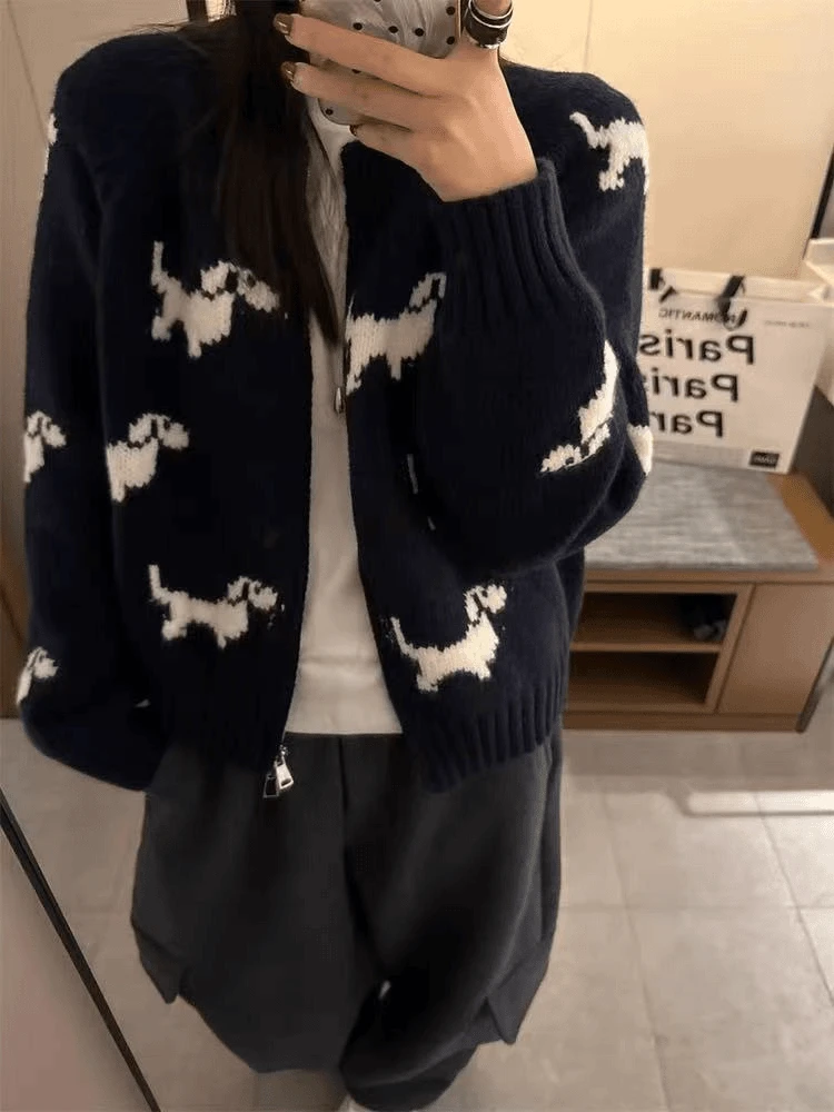 韩系小狗图案双拉链针织开衫外套女秋巨好看复古毛衣上衣潮牌女装