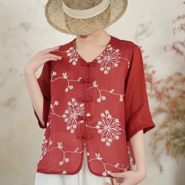 苎麻立领中式衬衫薄款休闲上衣夏季宽松印花中袖刺绣清纯风中国风
