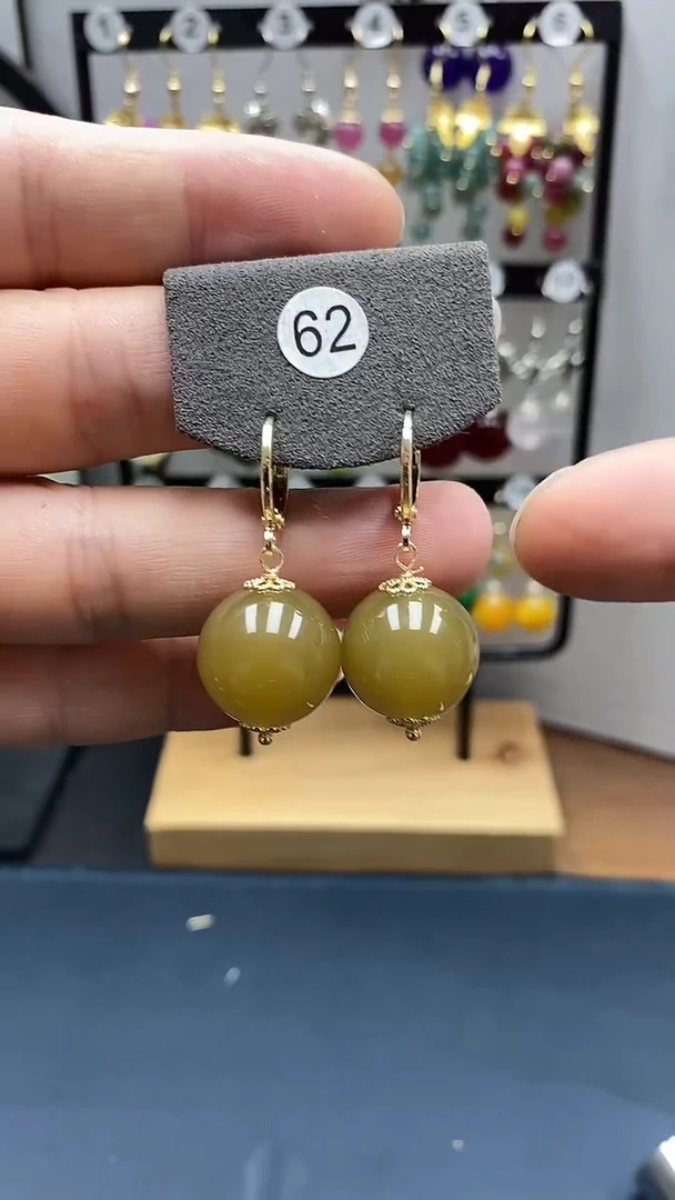 和田玉银S925镀金镶嵌耳饰尺寸16mm耳扣77