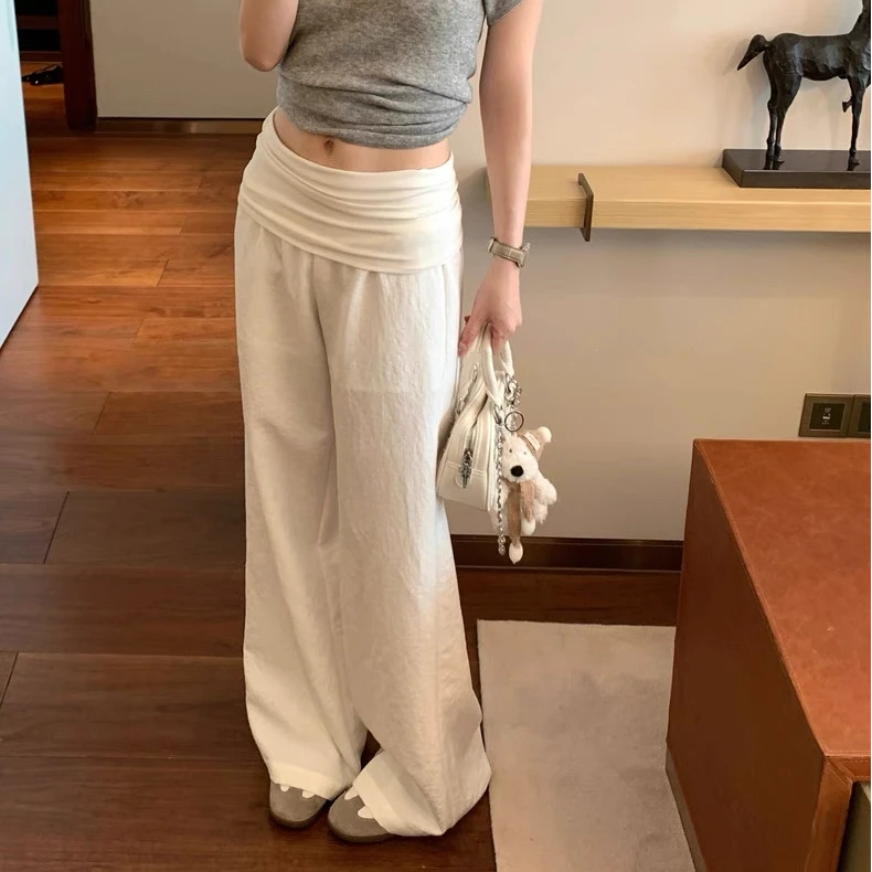 翻腰休闲裤女老钱风极简气质度假风时尚百搭薄款阔腿麻料长裤子夏